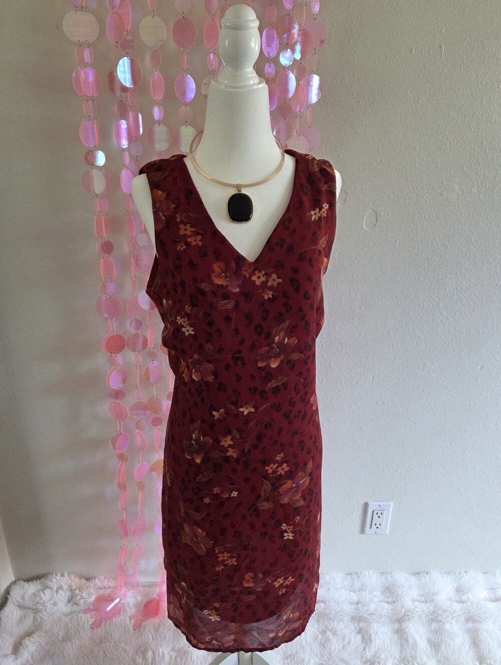 90s Burgundy Floral Sleeveless V-Neck Dress